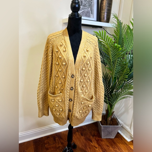 Cupcakes & Cashmere Mustard Tan Long Cable Cardigan with Bobbles & Pockets Large - Picture 2 of 7